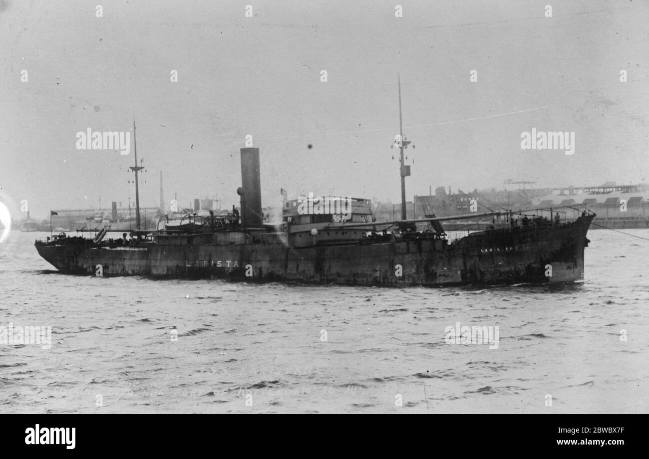 British ship sinking with 24 of crew on board The British merchantman Laristan , with 24 of her crew on board , is reported to be wallowing helplessly in a heavy sea mid way between Ireland and Nova Scotia , with her bulkhead stove in . The Laristan . 27 January 1926 Stock Photo