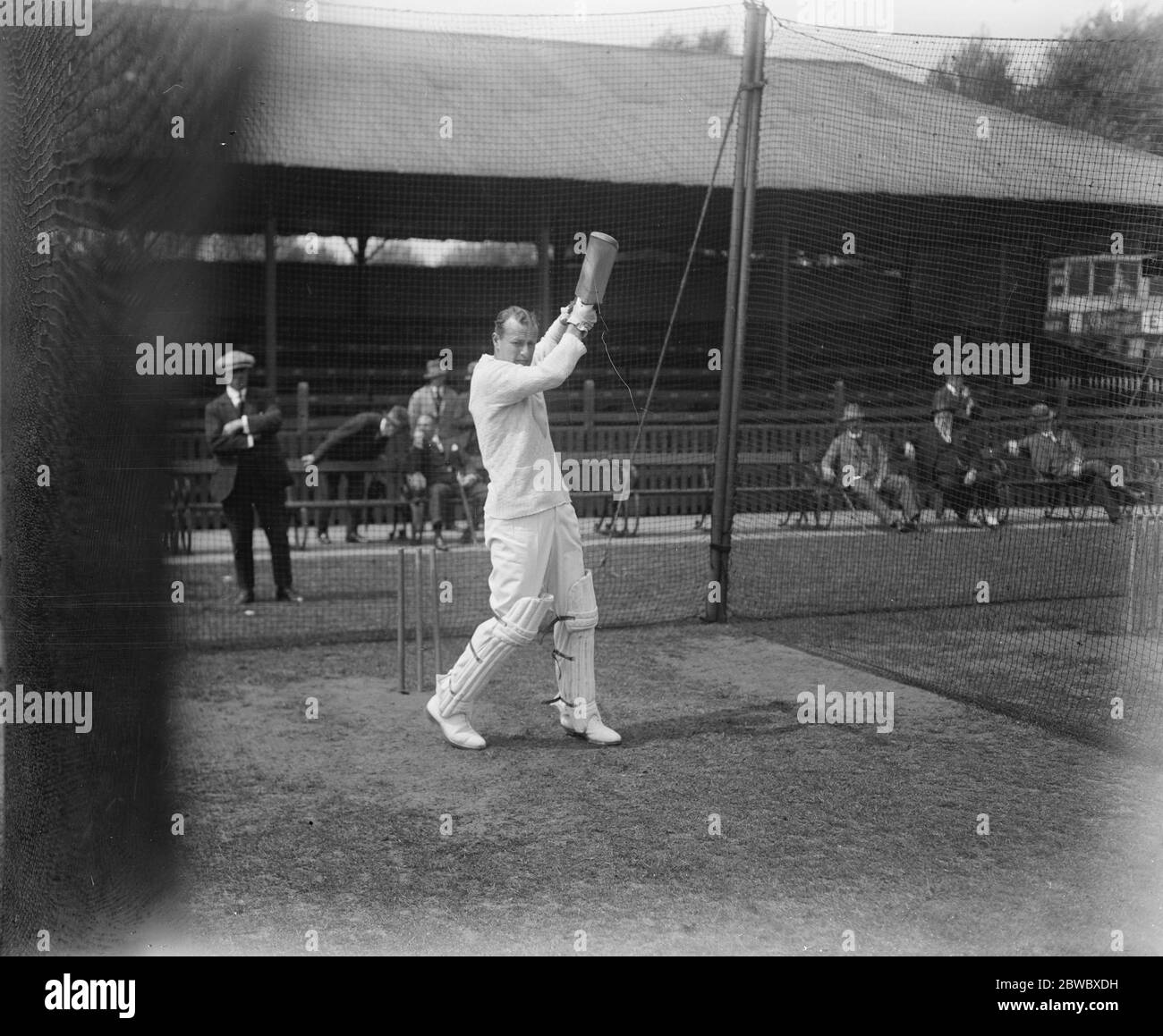 Henry John Enthoven of Middlesex County Cricket Club, and Cambridge University Captain , warming up in the batting nets . 1926 Stock Photo