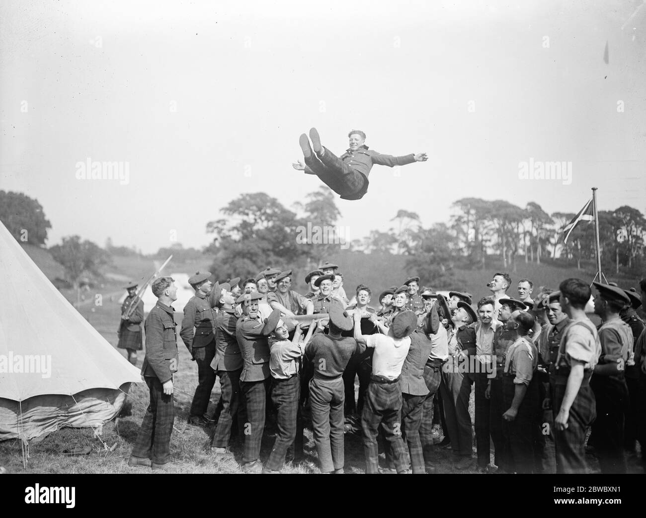 Three weeks of war on the South Downs A little blanket tossing by members of the Black Watch 14 September 1923 Stock Photo