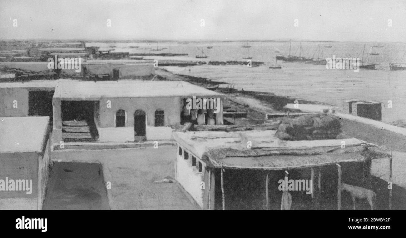 7,000 dead in cyclone and earthquake . In an appalling disaster in the Persian Gulf due to the worst cyclonic tempest in living memory , it is feared that 7,000 lives have been lost . Bahrein Island - the harbour , viewed from the roof of the British Consulate , showing part of the pearl fishing fleet . 26 October 1925 Stock Photo