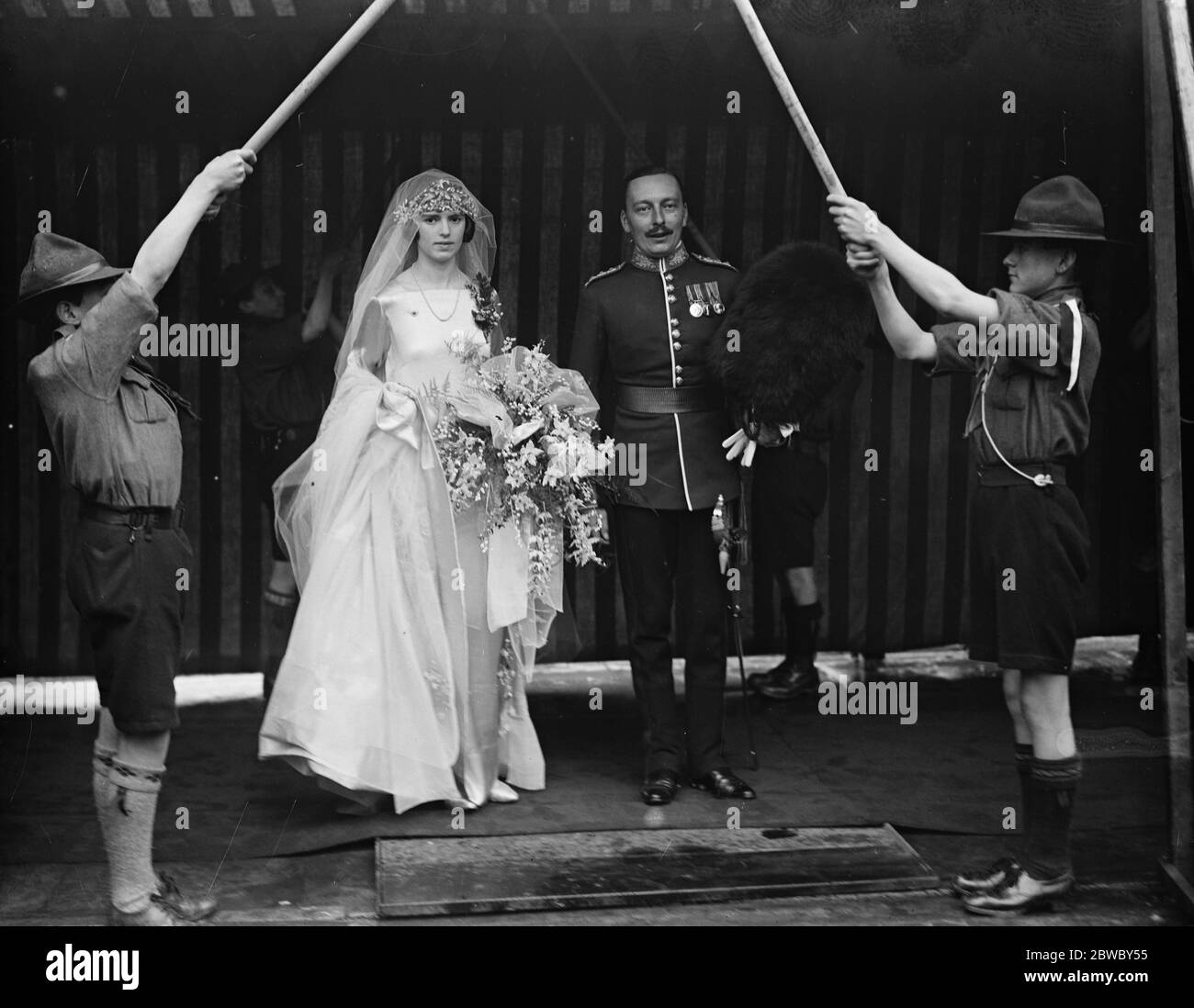 Wedding of Lord Suffield and Miss Olwen Phillips at St Peter 's Church ,Carmarthen . Bride and bridegroom . 21 February 1925 Stock Photo