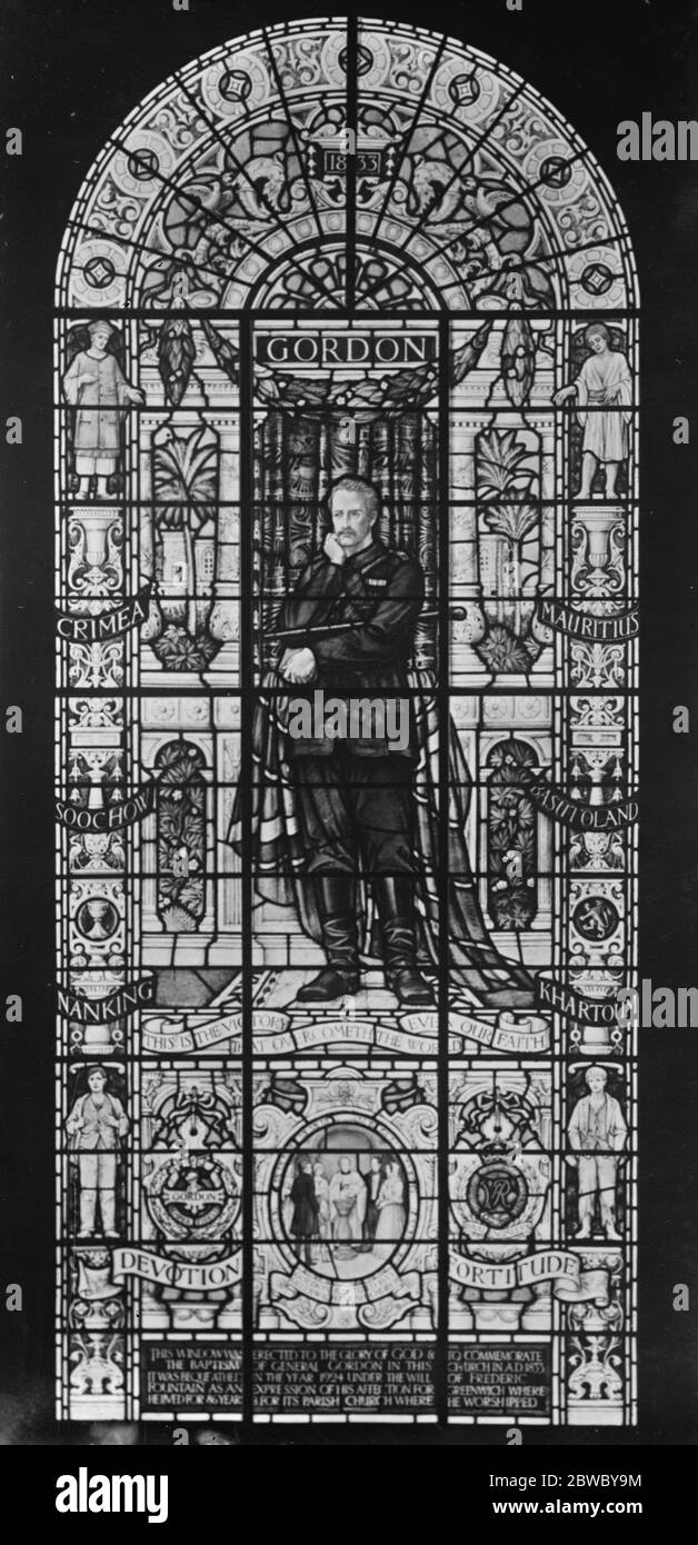 Memorial window to general Gordon in London Church where he was baptised . The stained glass window which is to be unveiled to the memory of General Gordon in the old parish church of St Alfege , Greenwich , where he was baptized . 18 November 1925 Stock Photo