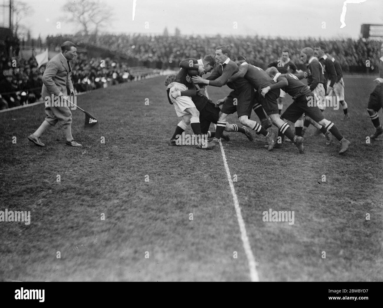 Rugby match between Army and Navy at Twickenham . An Army man tackled on the line . 7 March 1925 Stock Photo