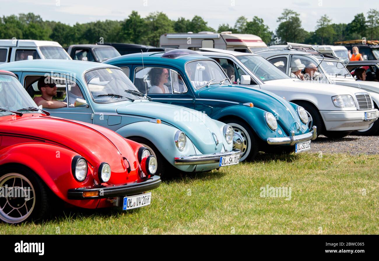 Hude Germany 31st May 2020 Oldtimers Of The Vw Beetle Type Are Parked On The Grounds Of A Drive In Cinema In The Wusting District Several Hundred People In Their Oldtimers Youngtimers And