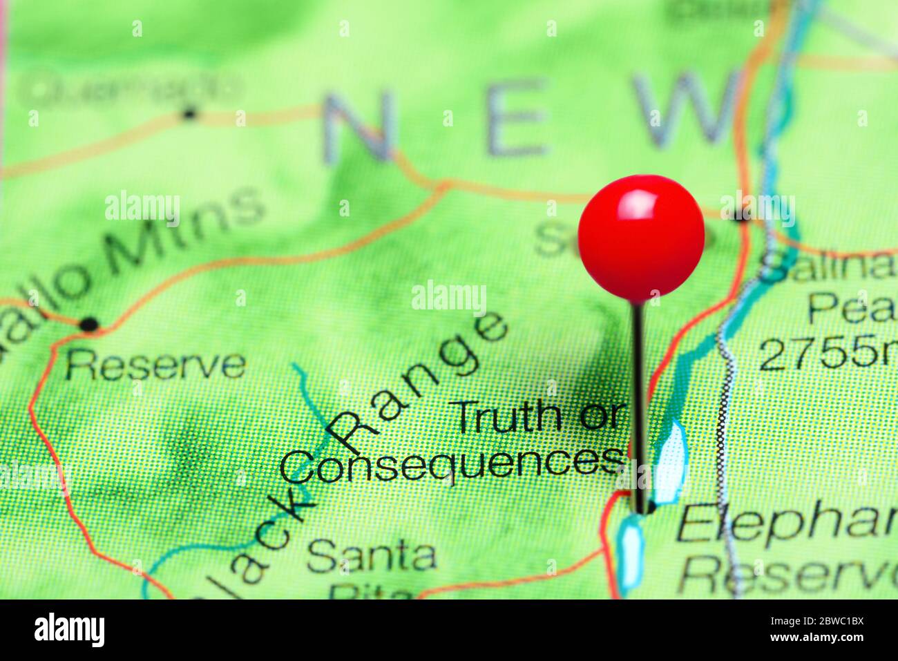 Truth or Consequences pinned on a map of New Mexico, USA Stock Photo