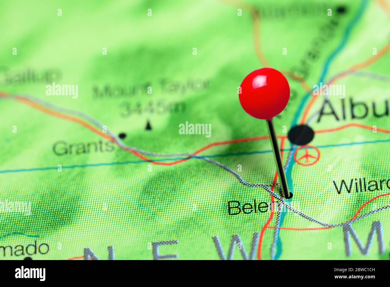 Belen pinned on a map of New Mexico, USA Stock Photo
