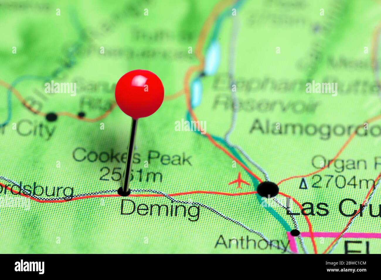 Deming pinned on a map of New Mexico, USA Stock Photo