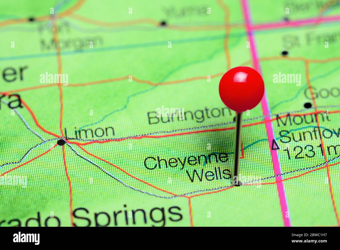 Cheyenne Wells pinned on a map of Colorado, USA Stock Photo Alamy