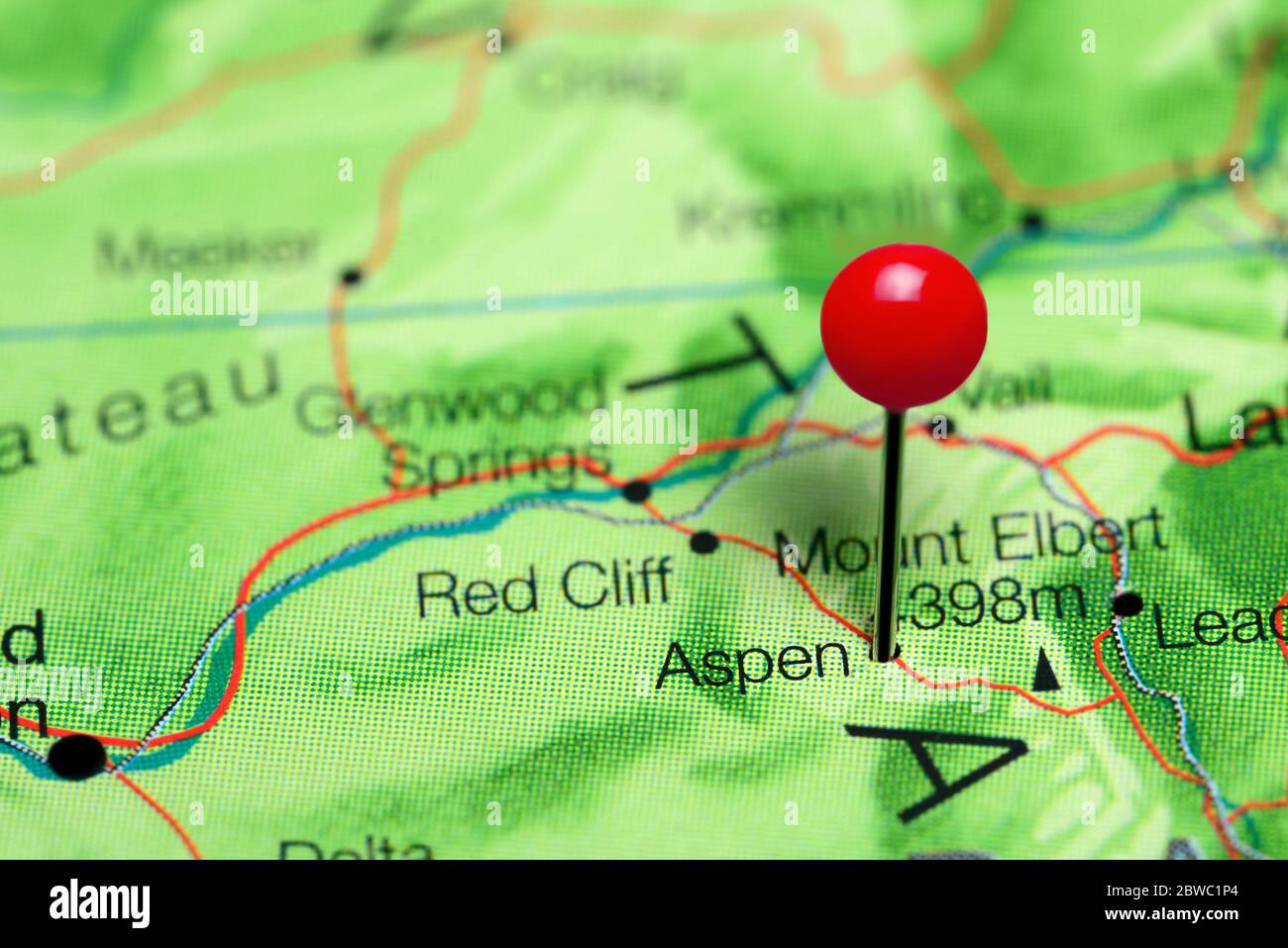 Aspen pinned on a map of Colorado, USA Stock Photo