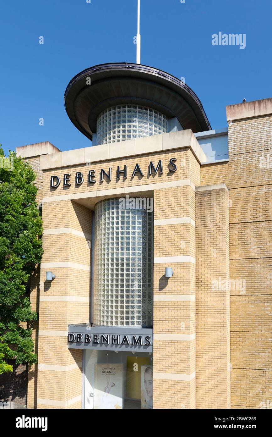 An entrance to a Debenhams department store in Festival Place shopping centre, Basingstoke, UK. Theme - retail industry, department stores, retailer Stock Photo