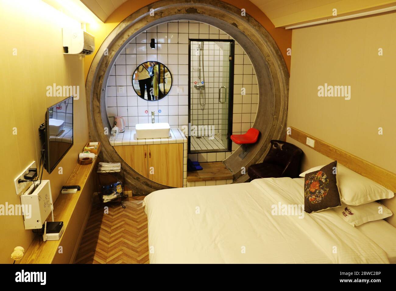 May 31, 2020, Chongqing, Chongqing, China: SichuanÃ¯Â¼Å'CHINA-A row of cement pipes creates a unique home stay facility resembling a ''hobbit village'' in chongqing, China, on May 23, 2020. The home is inspired by the hobbit village in the Lord of the rings, where ''homeless people often live in sewers that provide shelter from the rain and wind. The site saw that the indoor pipe b&b is about 2.4 meters in diameter and 4 meters in length. Each cement tube is equipped with a bed for up to 3 people to rest. Although the internal space is not wide, it can be said that everything is available. If Stock Photo