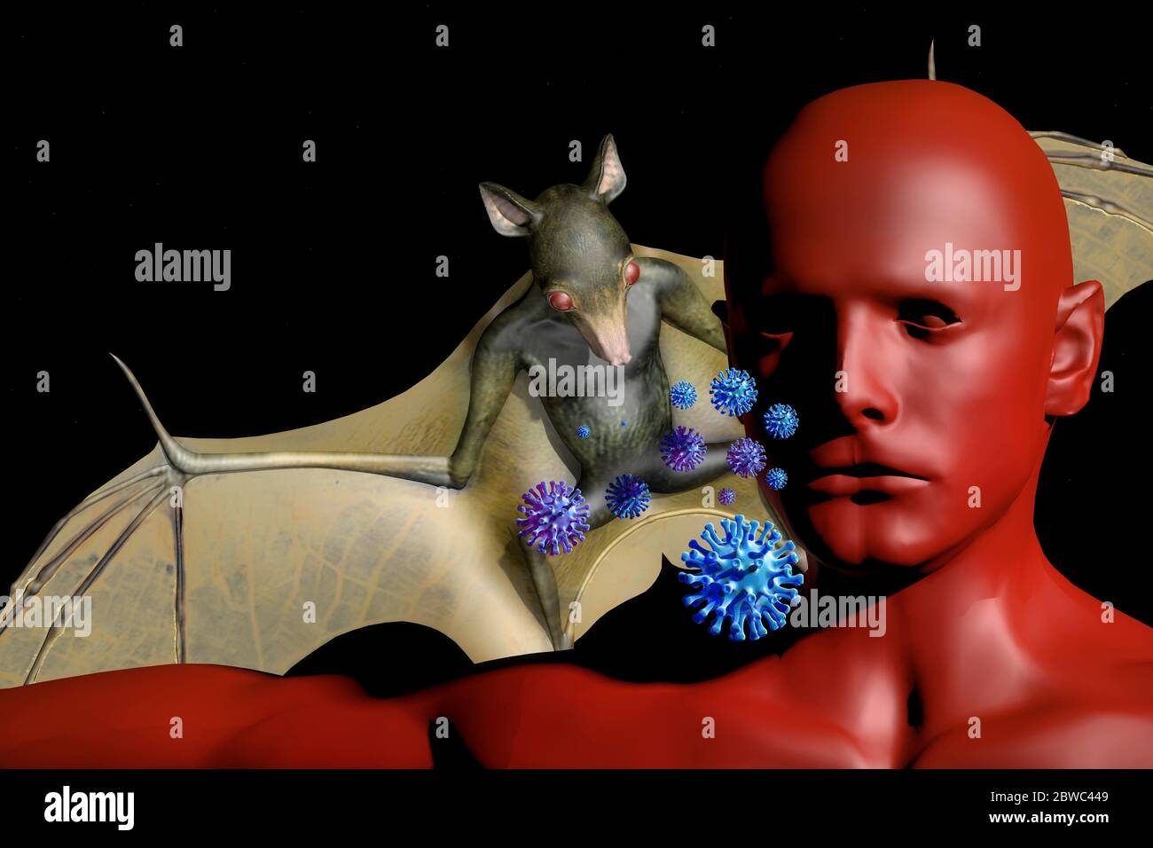 viele Viren wandern von der Tierwelt zum Menschen. Haeufig spielen Fledermaeuse dabei eine grosse Rolle - Symbolbild: CGI-Visualisierung: Coronavirus Stock Photo