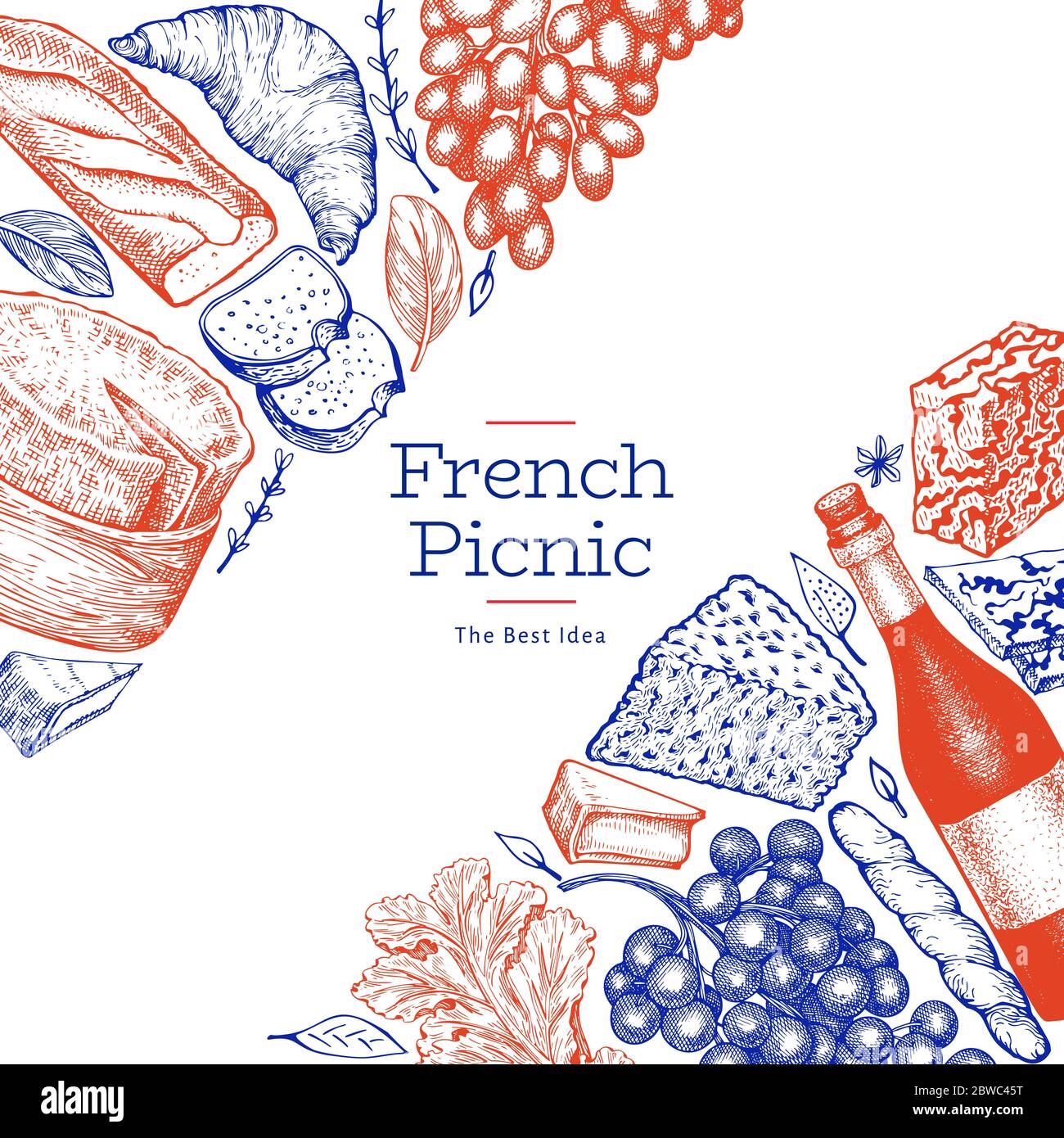 French food illustration design template. Hand drawn vector picnic meal ...