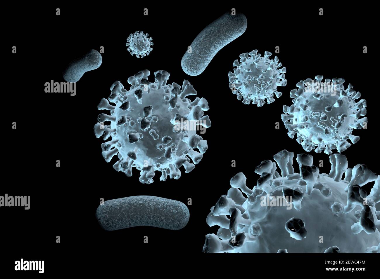 ein fieses Virus befaellt die Welt - Symbolbild: CGI-Visualisierung: Coronavirus Covid 19, SARS 2, andere Virenund Bakterien/ a horrible new virus inf Stock Photo