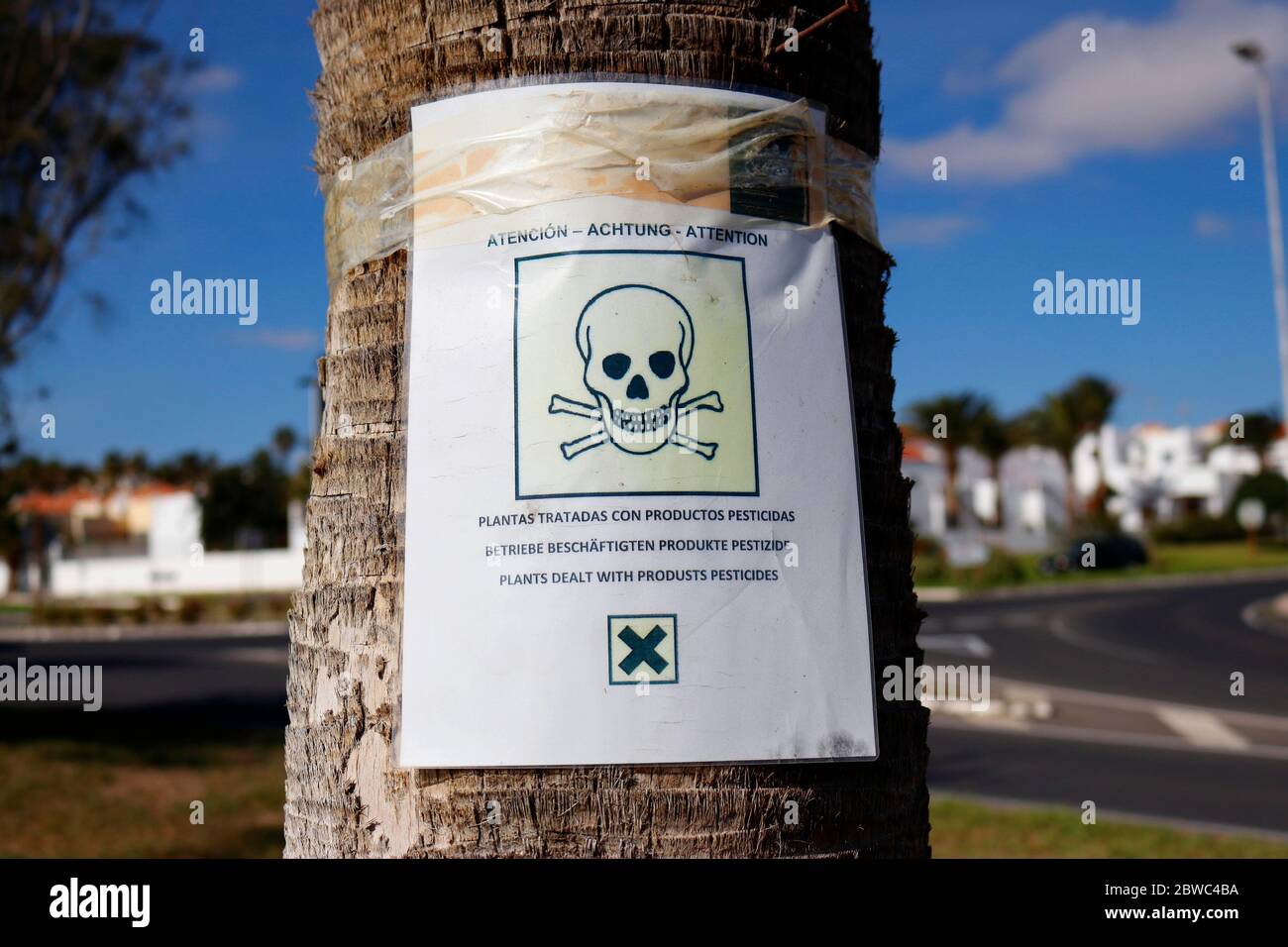 Warnschild vor Pestiziden, Fuerteventura, Kanarische Inseln, Spanien/ Fuerteventura, Canary Islands, Spain  (nur fuer redaktionelle Verwendung. Keine Stock Photo
