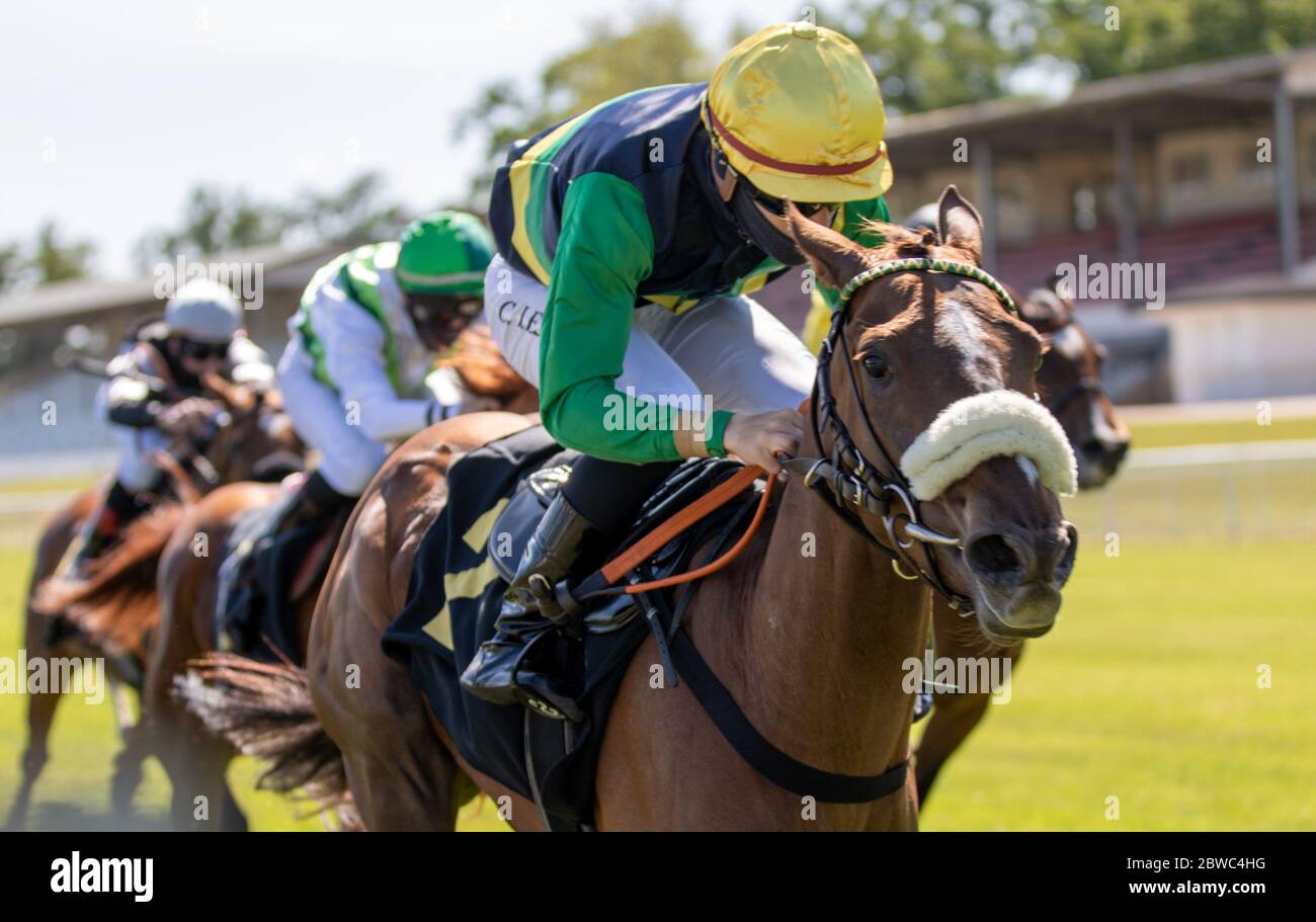 Hoppegarten, Germany. 31st May, 2020. Horse racing: Gallop, Hoppegarten Racetrack, second day of racing. Jockey Clement Lecoeuvre wins group race on Kalifornia Queen from the stable at Gestüt Röttgen Diana-Trial. Due to the coronavirus pandemic, the races are held without spectators. Credit: Andreas Gora/dpa/Alamy Live News Stock Photo