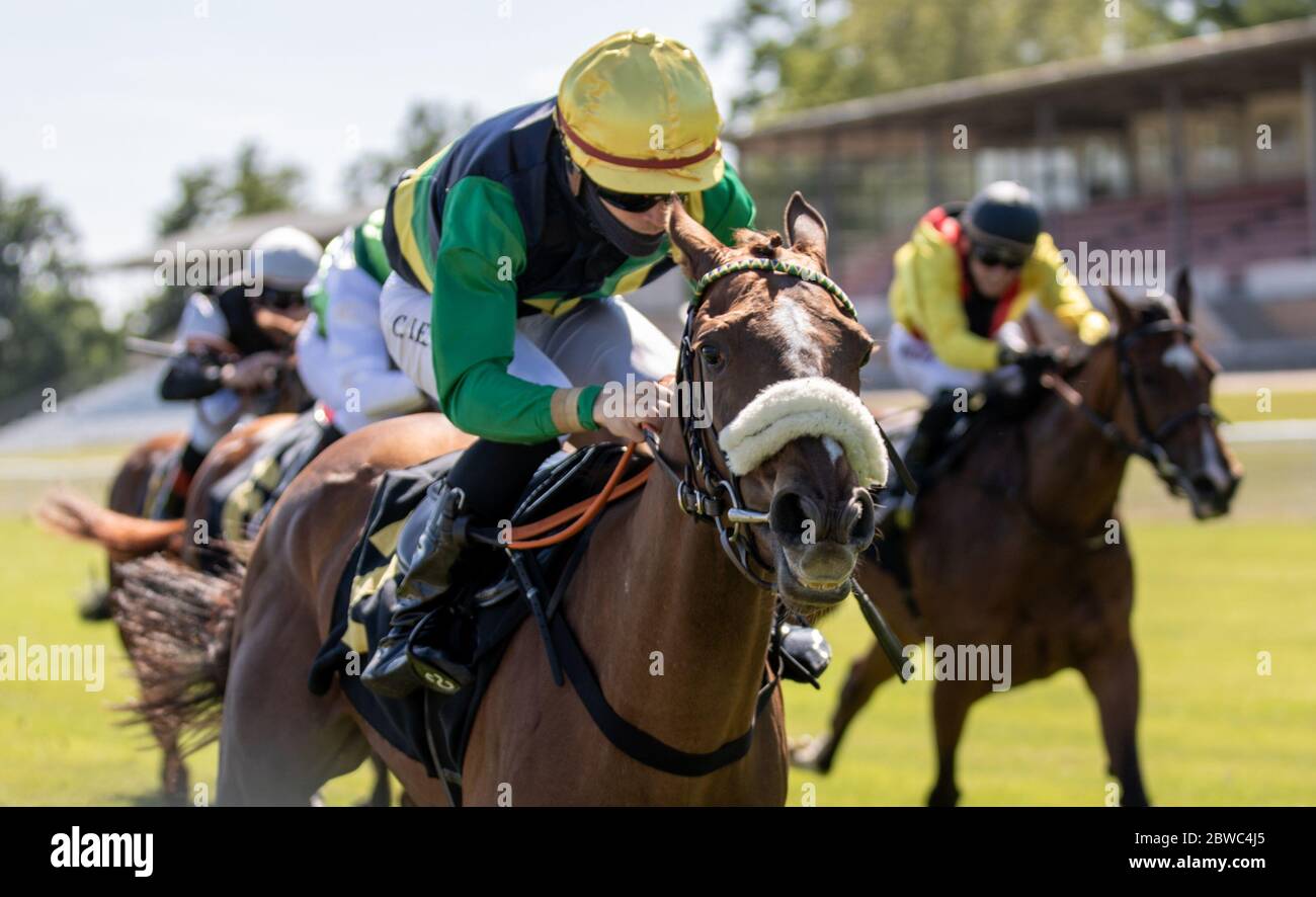 Hoppegarten, Germany. 31st May, 2020. Horse racing: Gallop, Hoppegarten Racetrack, second day of racing. Jockey Clement Lecoeuvre wins group race on Kalifornia Queen from the stable at Gestüt Röttgen Diana-Trial. Due to the coronavirus pandemic, the races are held without spectators. Credit: Andreas Gora/dpa/Alamy Live News Stock Photo