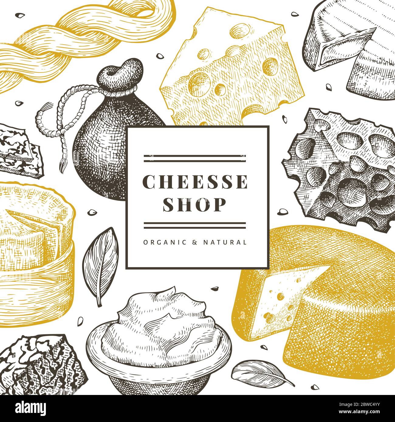 Cheese design template. Hand drawn vector dairy illustration. Engraved ...