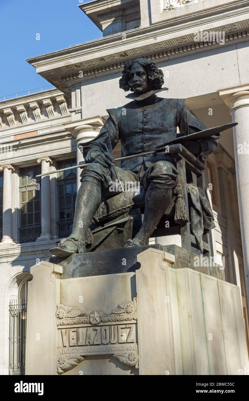 MADRID, SPAIN JANUARY 22, 2018 Velazquez Statue in front of Museum
