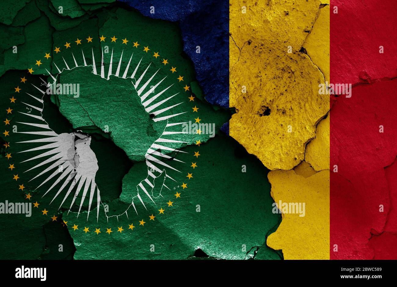 flags of African Union and Chad painted on cracked wall Stock Photo