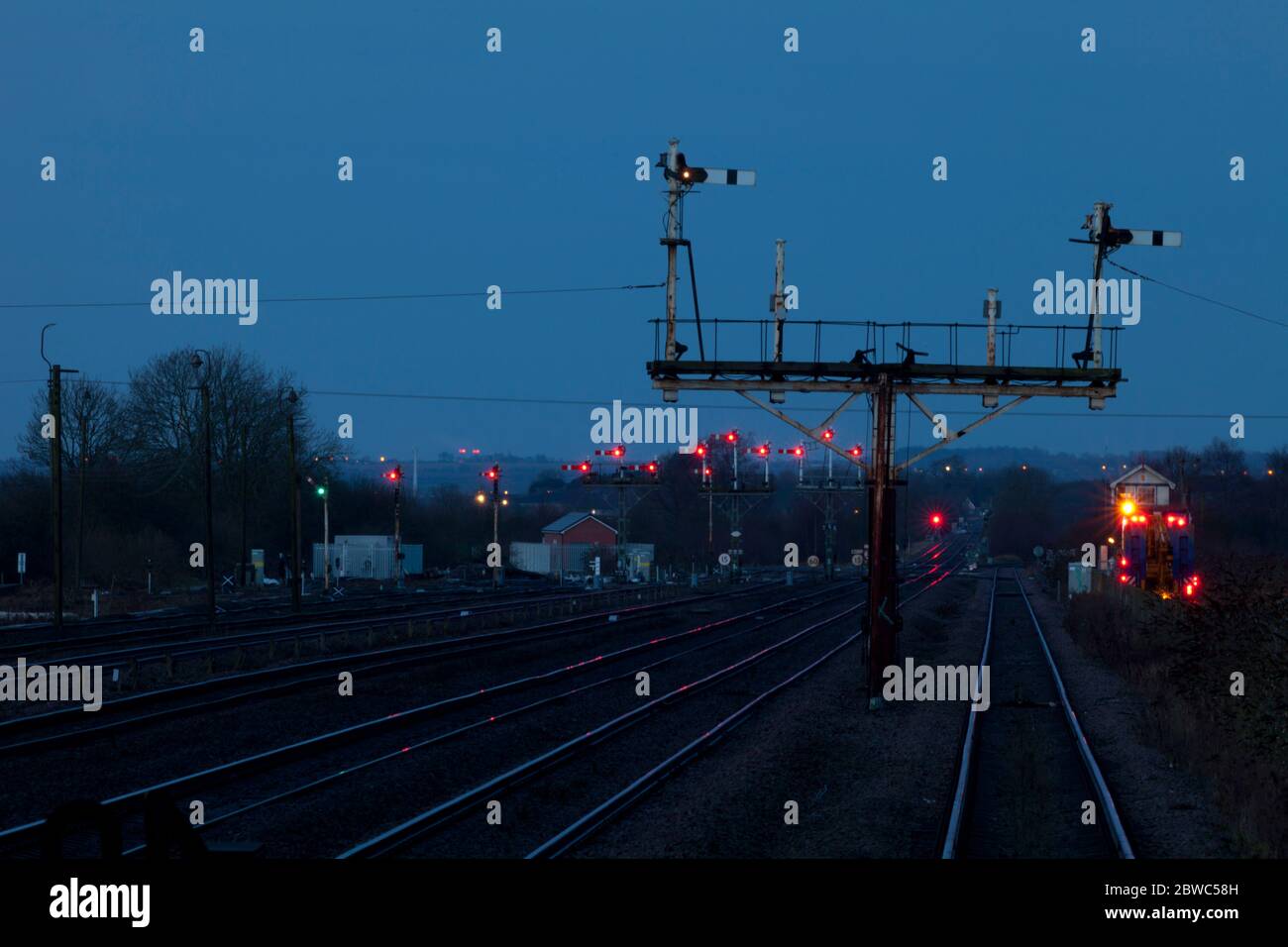 Wrawby Junction, Barnetby (Lincs) early morning view of mechanical semaphore railway signals just before they were replaced Stock Photo