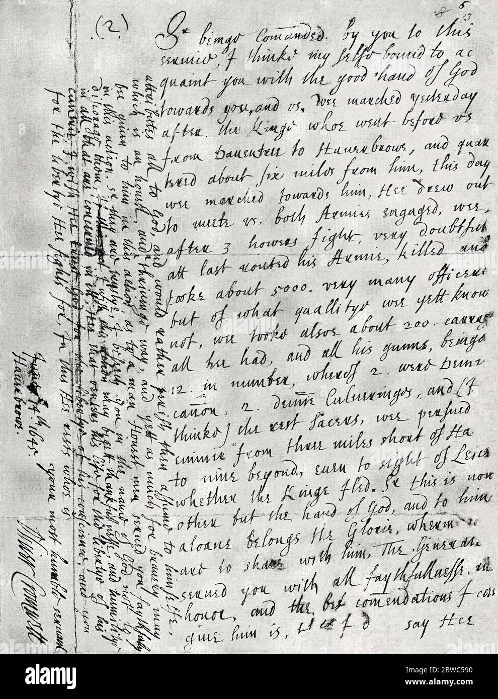 Facsimile of a letter from Olvier Cromwell to Speaker Lenthall, reporting the victory of Naseby.  Dated 14th June, 1645, the day of the battle.  From Britain and Her Neighbours, 1485 - 1688, published 1923. Stock Photo