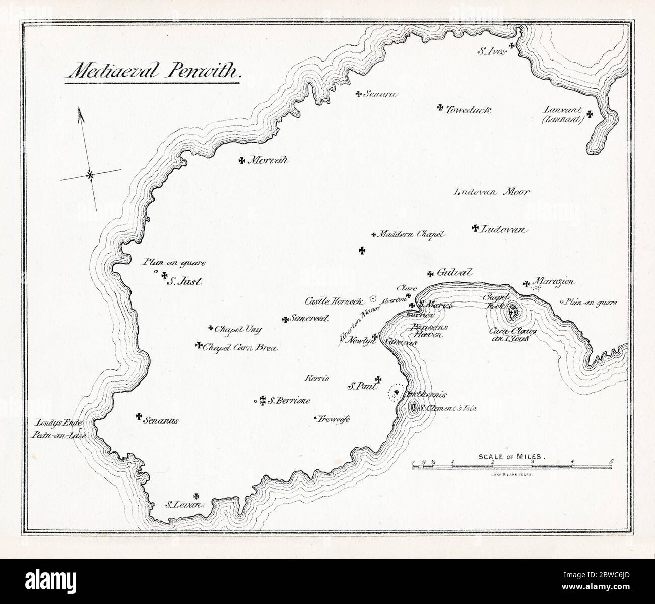 Mediaeval Penwith, Map by the Rev W.S.Lach-Szyrma , vicar of Newlyn St. Peter, in his 1878 history of West Penwith with the principal churches and chapels Stock Photo