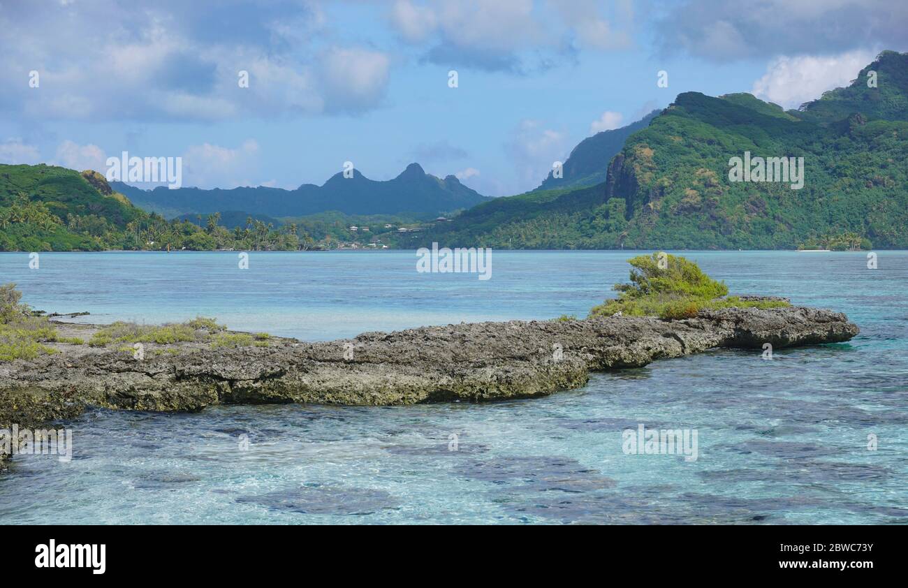 French Polynesia, coastline and lagoon of Huahine island near Maroe bay, south Pacific ocean, Oceania Stock Photo
