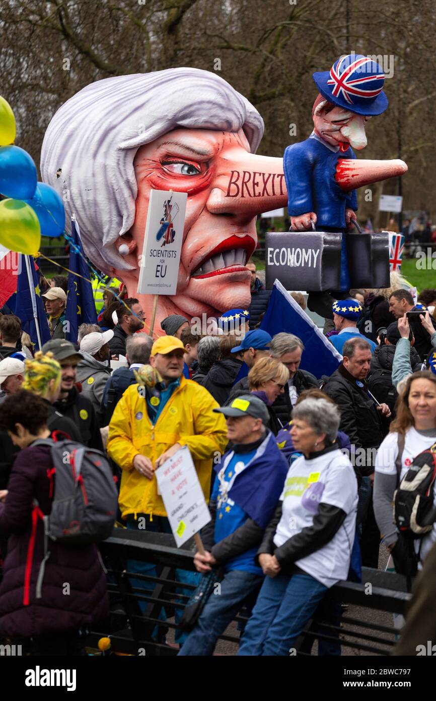 A float caricaturing Theresa May at an anti-Brexit demonstration and march, London, 23 March 2019 Stock Photo