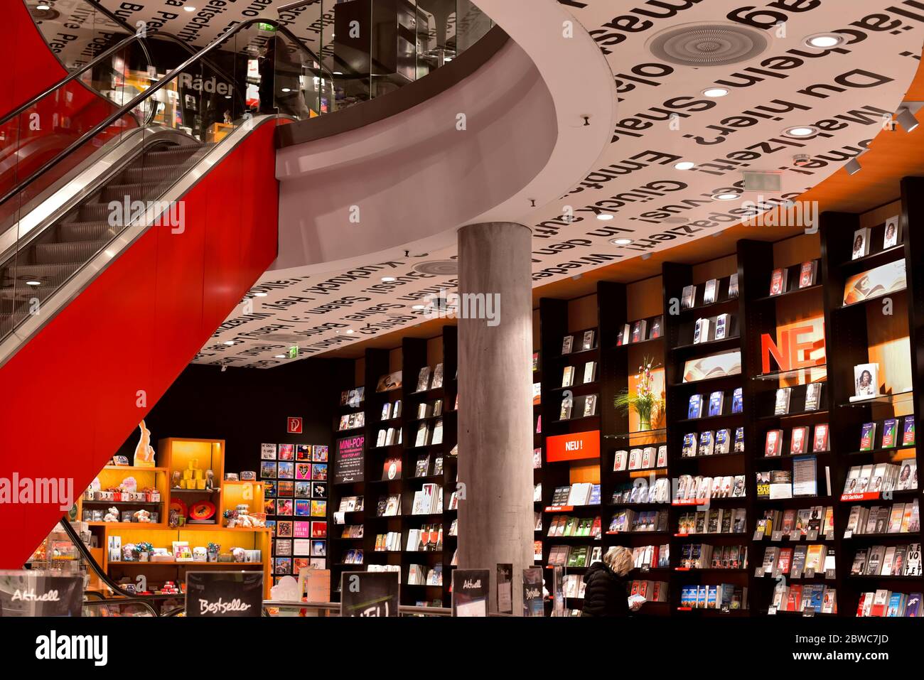 Interior shot of the book store 'Mayersche Buchhandlung' in downtown Düsseldorf. 'Mayersche' is a German book retailing group with a long tradition. Stock Photo