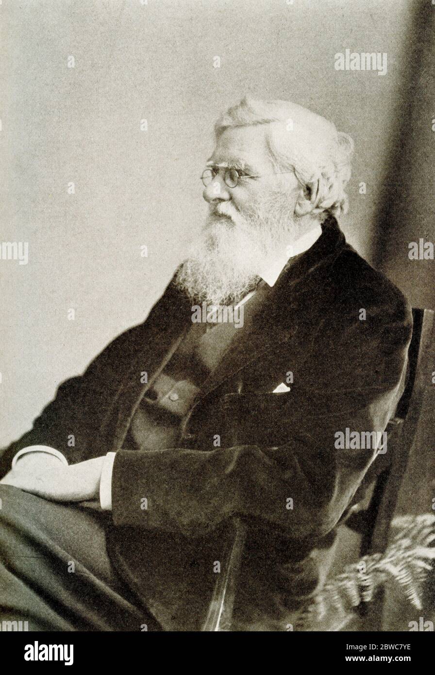 Alfred Russel Wallace (1823-1913) was a British naturalist, explorer, geographer, anthropologist, biologist and illustrator. He is best known for independently conceiving the theory of evolution through natural selection; his paper on the subject was jointly published with some of Charles Darwin's writings in 1858. Stock Photo