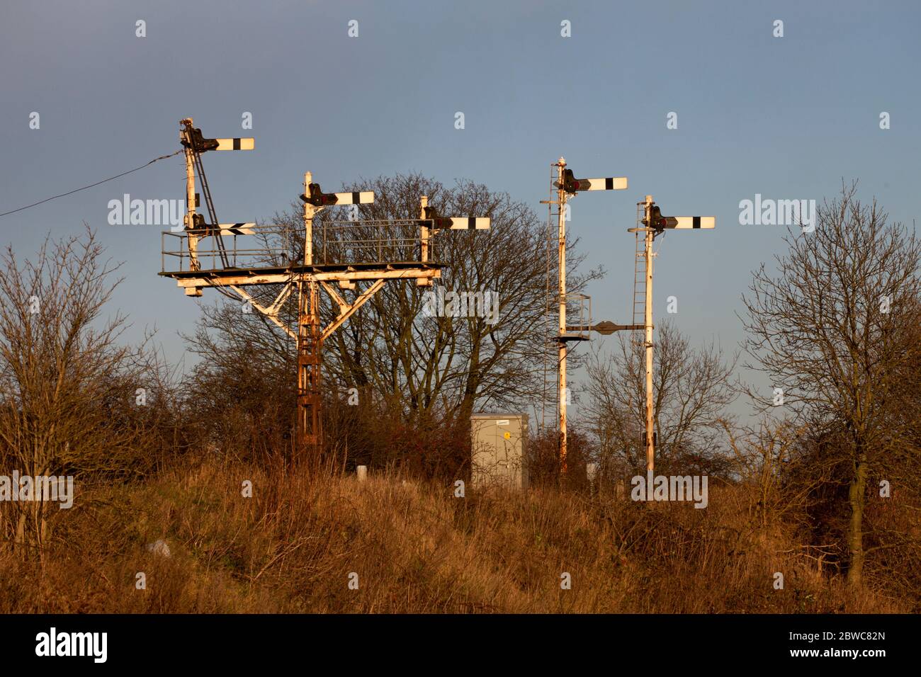 Semaphore railway bracket signals at Barnetby east,  Lincolnshire UK Stock Photo