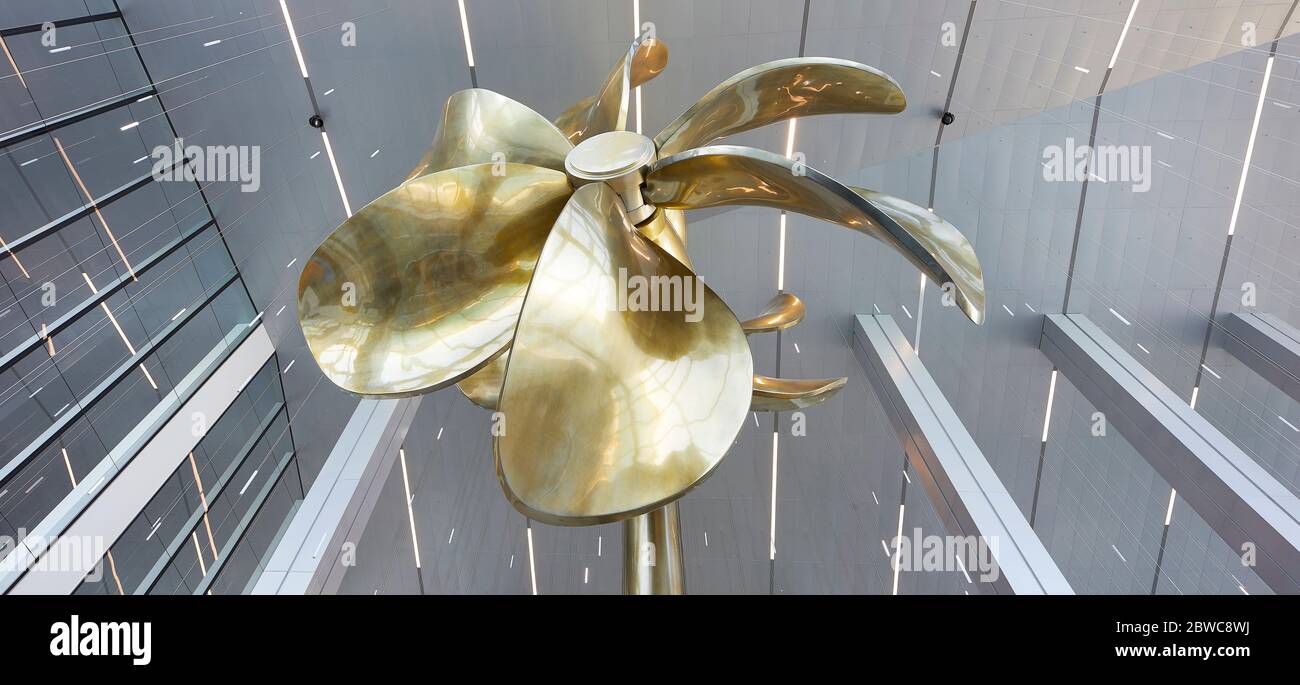 Detail of sculptural propellor artwork. Royal Caribbean Miami Cruise Terminal, Miami, United States. Architect: Broadway Malyan Limited, 2019. Stock Photo