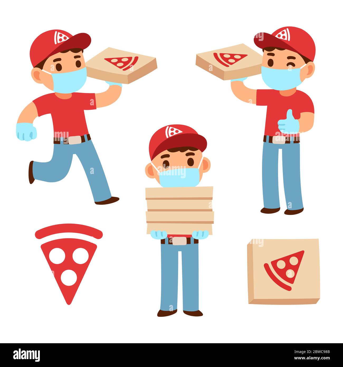 Cute cartoon pizza delivery boy in face mask and gloves. Pandemic lockdown and quarantine food delivering service. Vector illustration set. Stock Vector