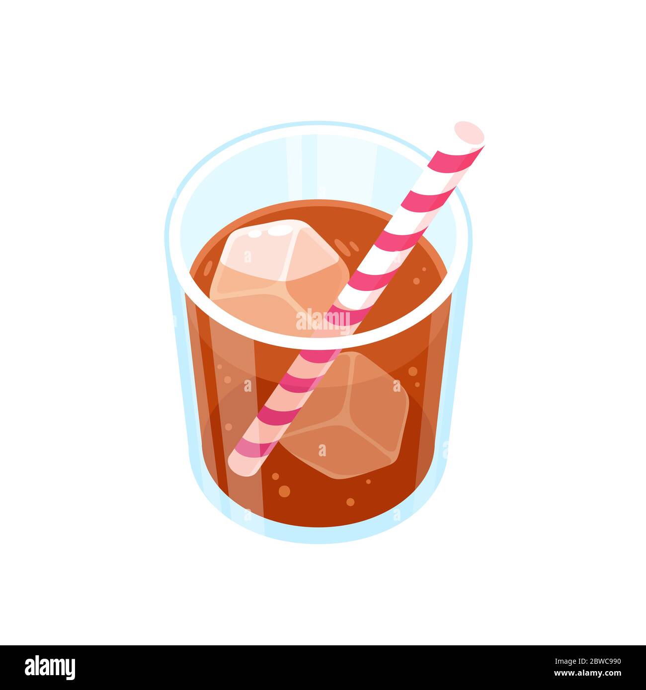 Cartoon soda glass with paper straw and ice cube. Classic fizzy drink, isolated vector clip art illustration. Stock Vector