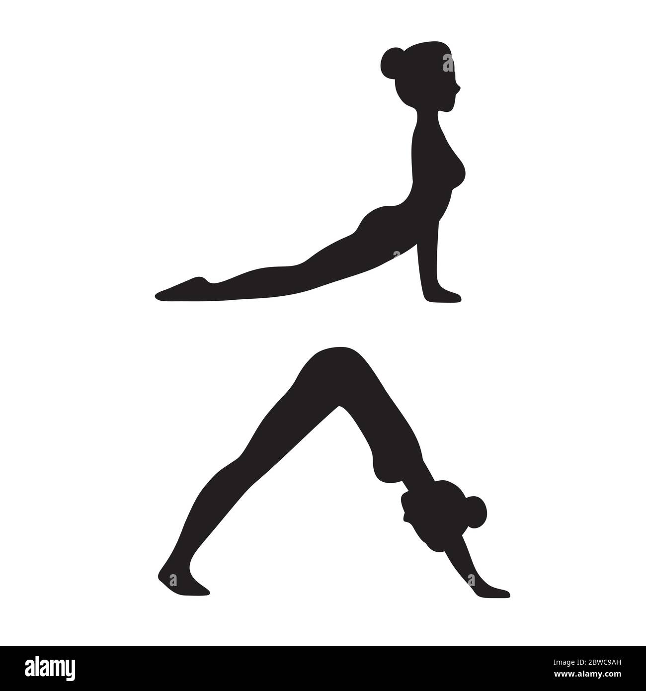 Downward facing dog (Adho mukha svanasana) and Upward facing dog (Urdhva mukha svanasana) yoga pose. Slim young woman in yoga asana, simple black and Stock Vector