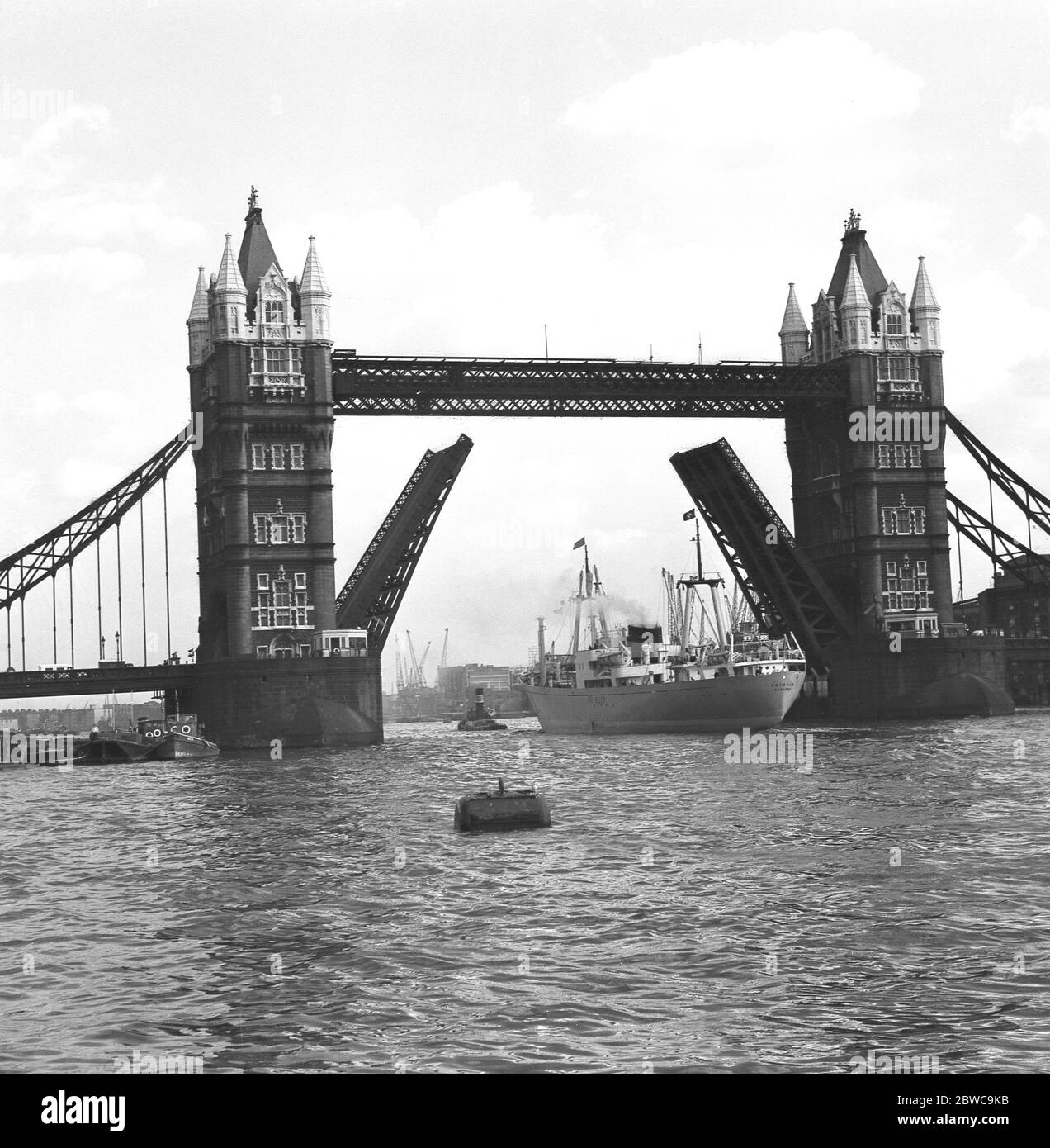 1950s, historical, London, England, a steamship 'Primula' Konjers with smoke coming from its funnel going under Tower Bridge, with the bridge raised. Stock Photo