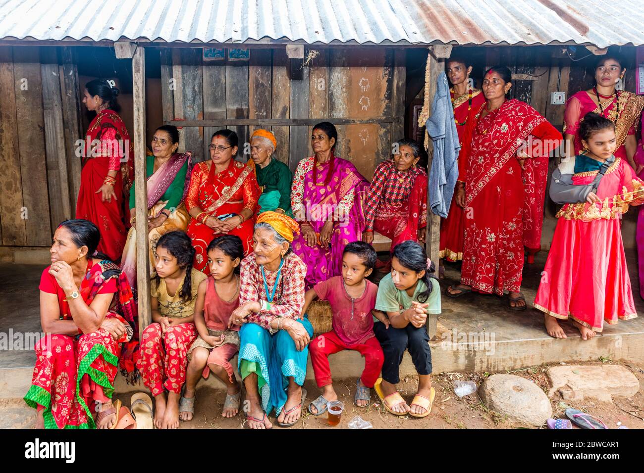 Gorkha,Nepal - June 25,2019: Nepali Women with traditional attire during wedding ceremony in rural village of Nepal. Stock Photo