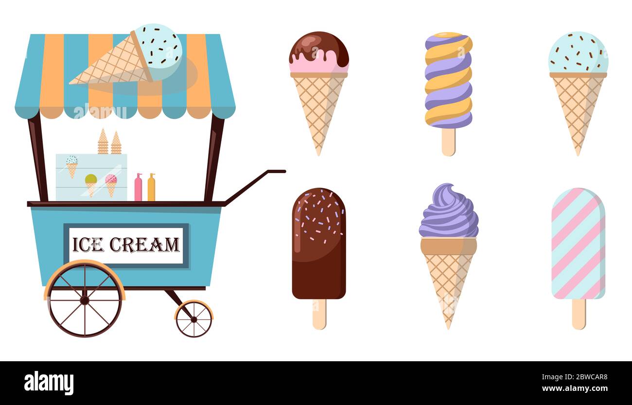 Set of ice-cream icons and ice-cream shopping cart. Collection of trendy flat illustrations. Amusement park concept. Stock Photo