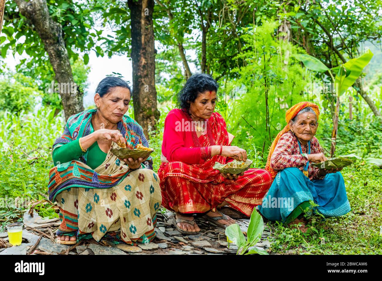 Gorkha,Nepal - June 26,2019: Nepali Women with traditional attire in rural village of Nepal. Stock Photo