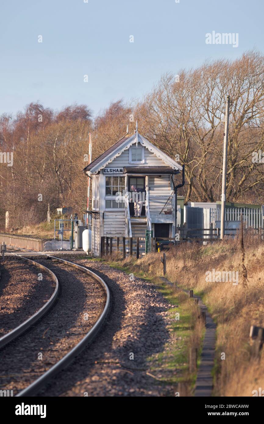 Network Rail signaller leaving the signal box at Elsham, Lincolnshire after the 1400 shift change Stock Photo