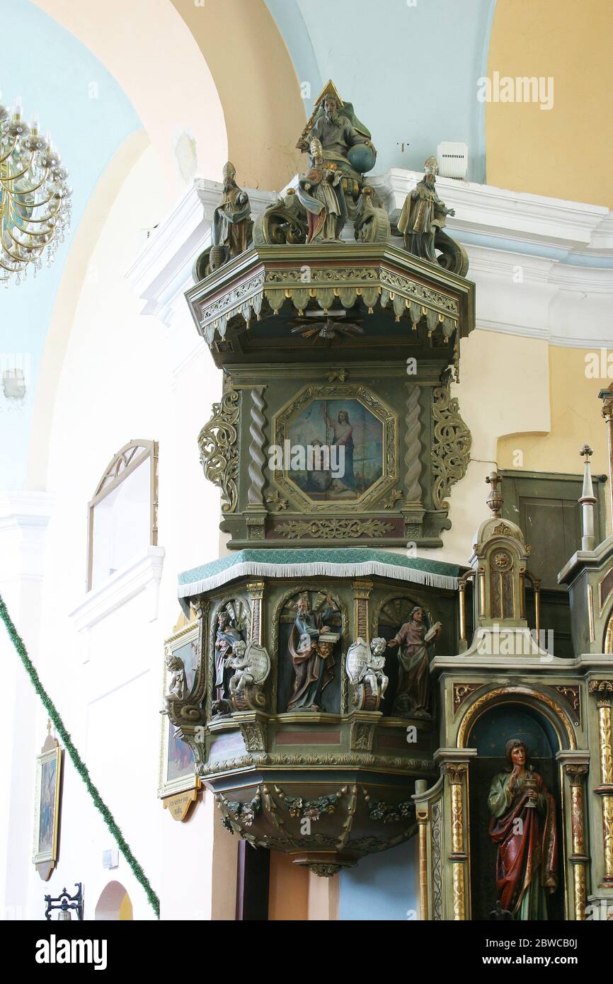 Pulpit in the parish church of Saint John the Baptist in Sveti Ivan Zelina, Croatia Stock Photo