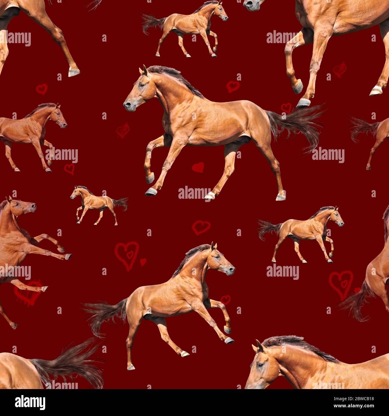 Seamless pattern photo red horse with hearts on red background creative illustration. Stock Photo