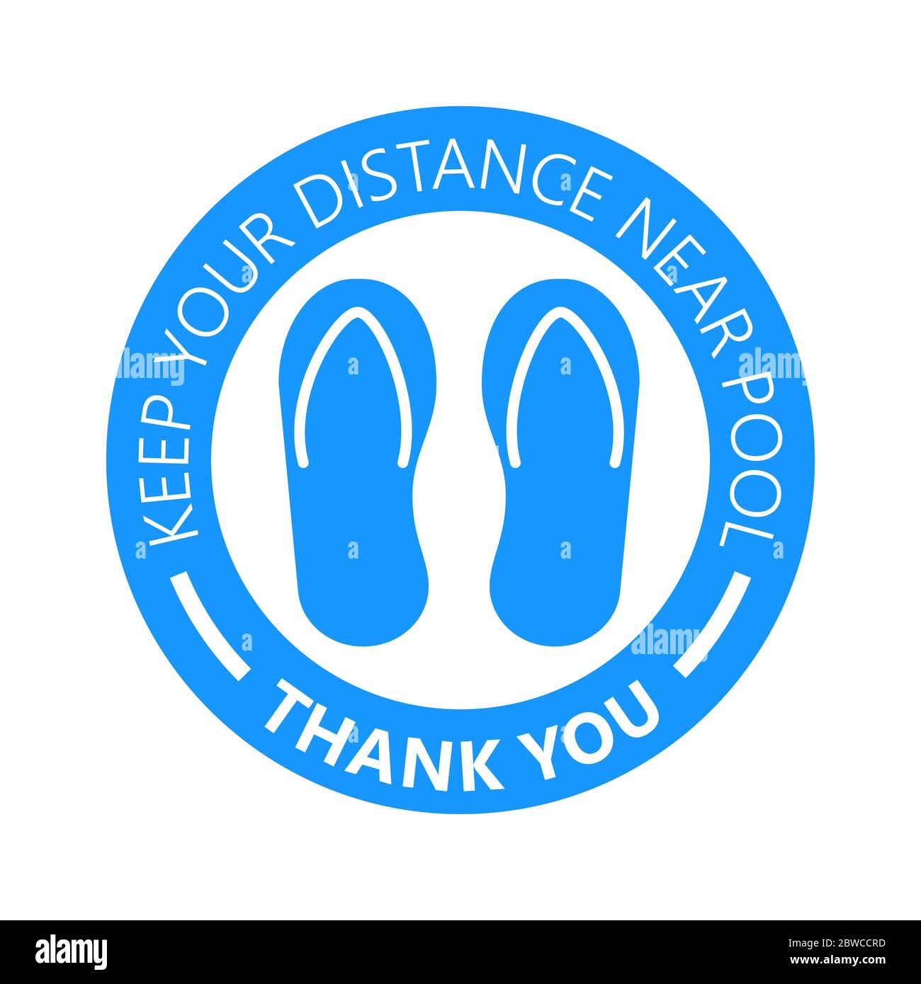 Keep your distance near pool label vector. Social distancing sign in blue color. Coronavirus prevention tips. Round floor sticker with footprints. Stock Vector