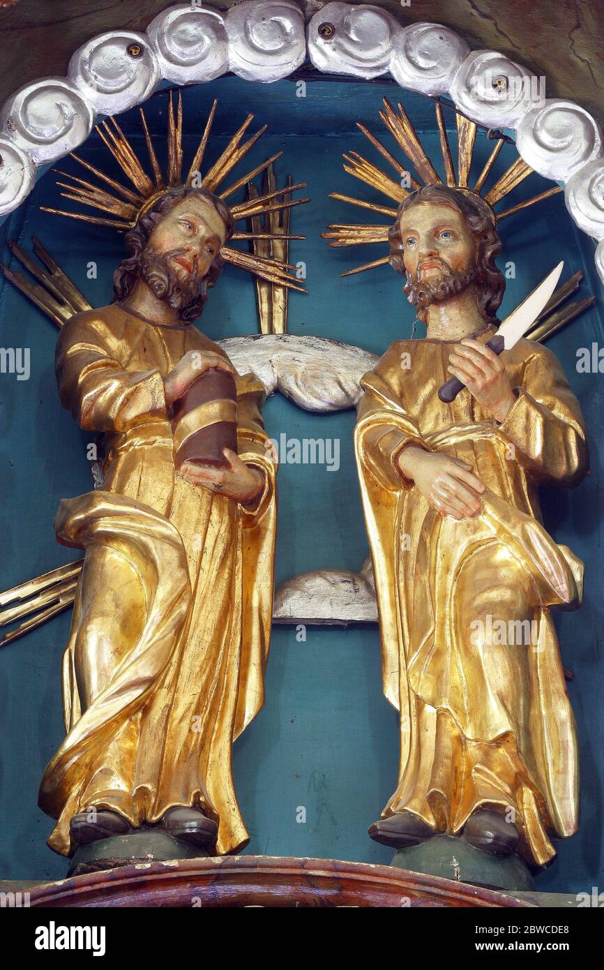 St. Cosmas and Damian, statue on the high altar in the parish church of St. Peter in Saint Peter Mreznicki, Croatia Stock Photo