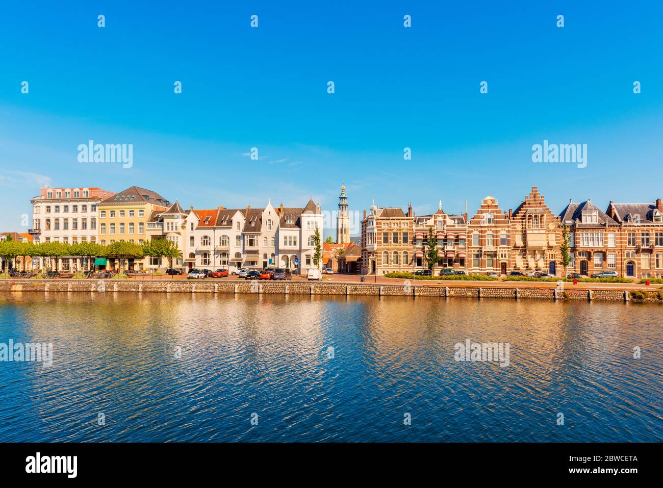 Canal in Middelburg, Zeeland province, Netherlands on sunny spring day. Middelburg is the capital of Zeeland and has about 42,000 inhabitants. Stock Photo