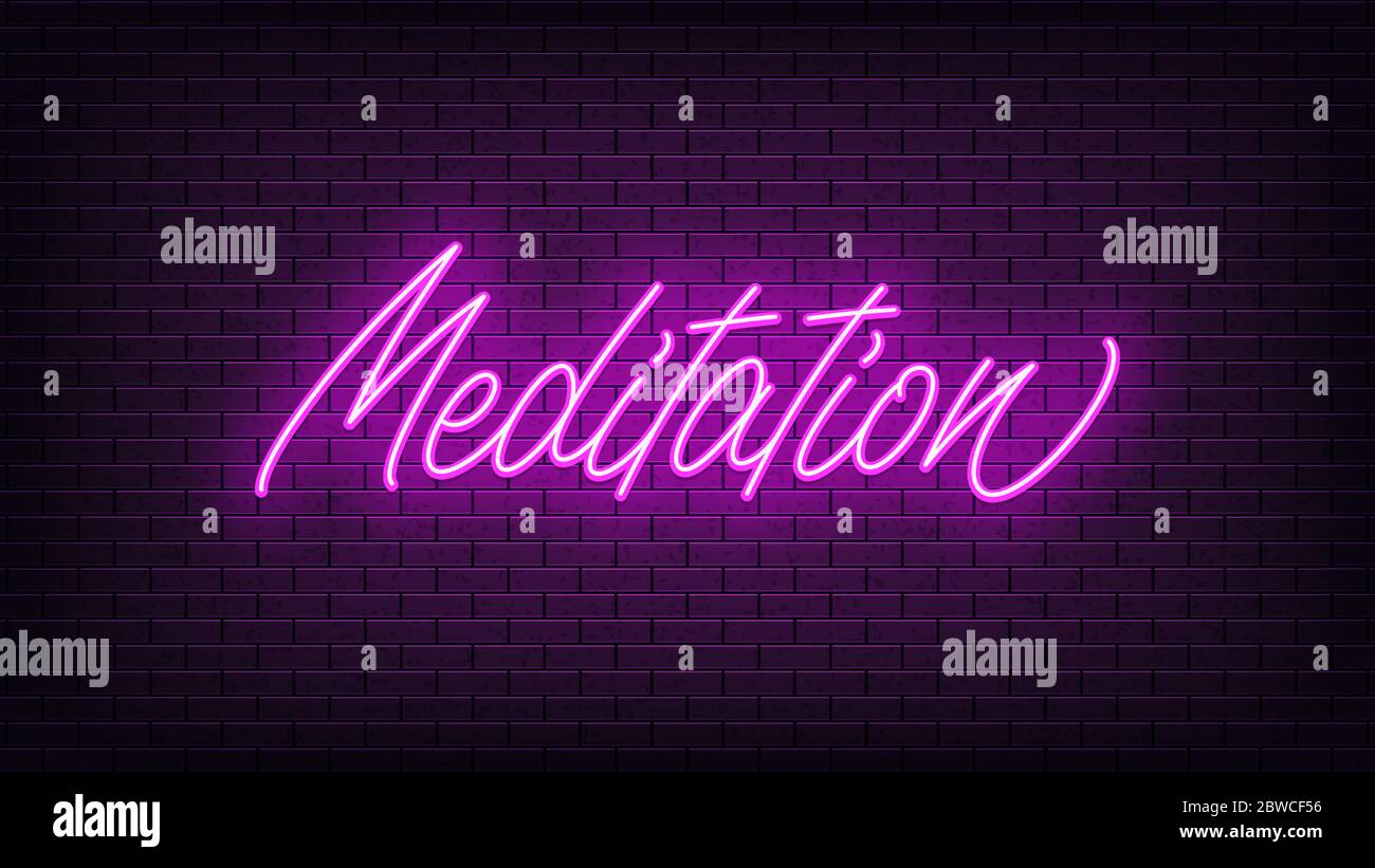Purple neon Meditation, lettering. Neon text of Meditation on black