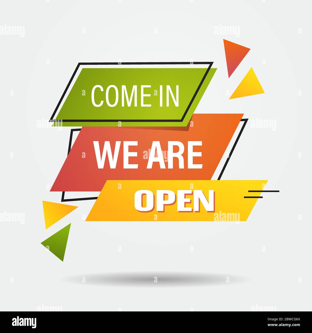 come in sticker we are open again after coronavirus quarantine over advertising campaign concept poster label flyer vector illustration Stock Vector