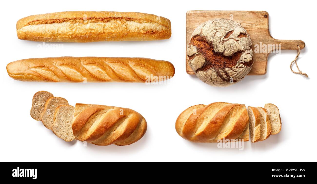 Bread and bakery products Isolated on White. Set of bread: baguette ...