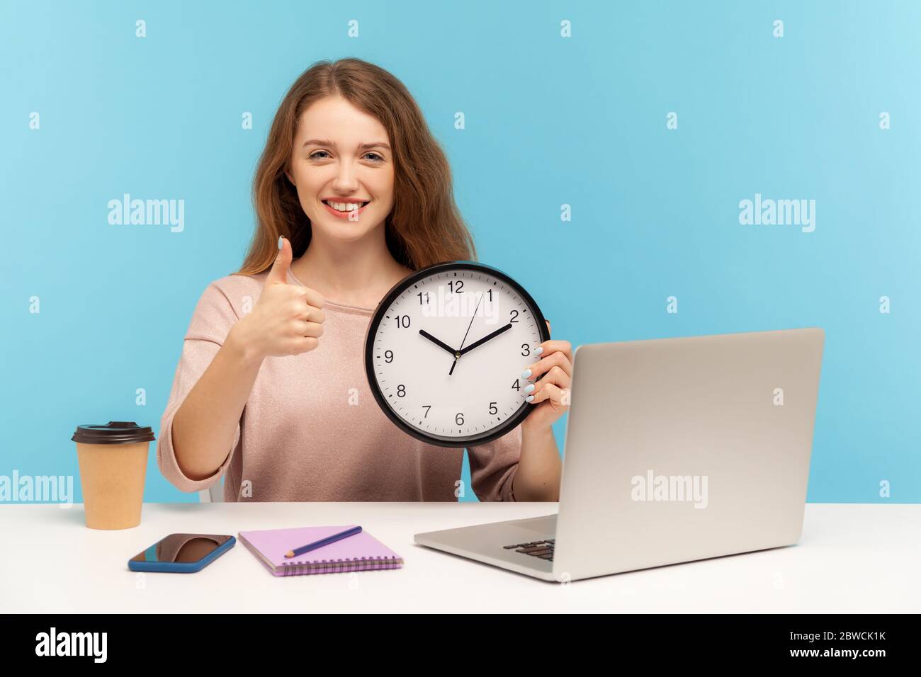 Good job, time to work! Positive happy woman, satisfied office employee ...